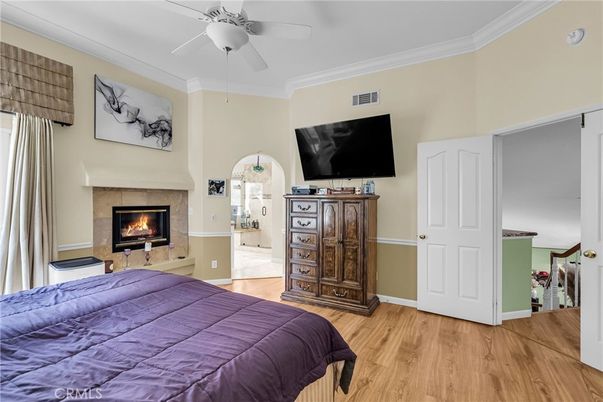 Bedroom, Fireplace, Interior, Wood Texture Flooring