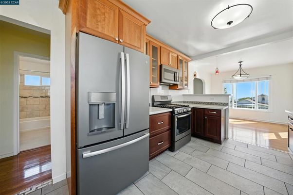 Interior, Kitchen, Pendant Lights, Stainless Steel Appliances, Wood Texture Flooring
