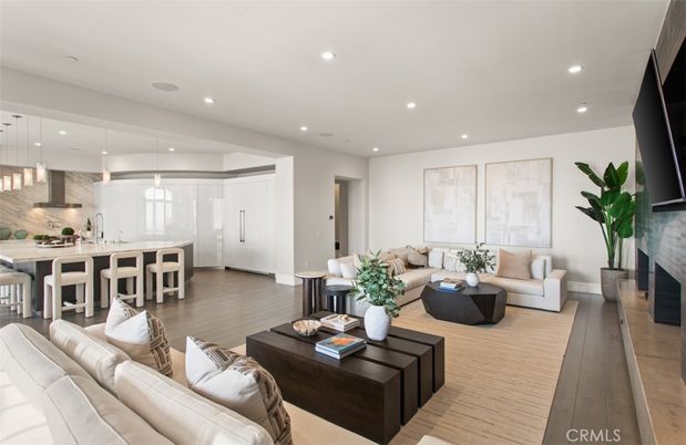 Fireplace, Interior, Kitchen, Living room, Pendant Lights, Recessed Lighting, Wood Texture Flooring