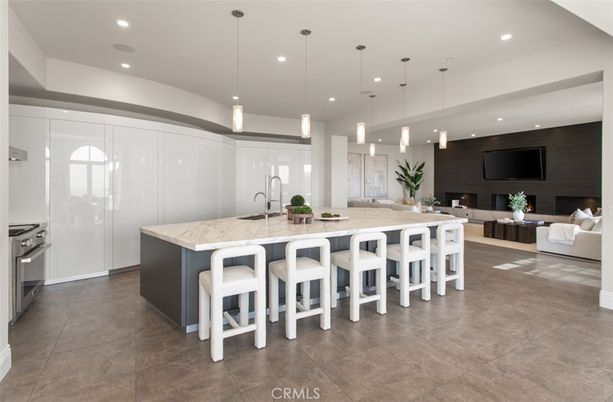 Fireplace, Interior, Kitchen, Living room, Pendant Lights, Recessed Lighting, Stainless Steel Appliances