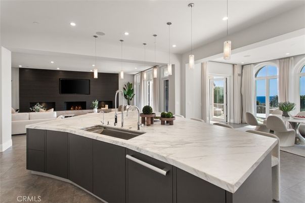 Dining room, Fireplace, Interior, Kitchen, Living room, Pendant Lights, Recessed Lighting, Water
