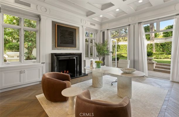 Fireplace, Home Office, Interior, Recessed Lighting, Wood Texture Flooring