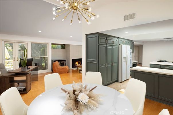 Dining room, Fireplace, Interior, Kitchen, Living room, Pendant Lights, Recessed Lighting, Wood Texture Flooring
