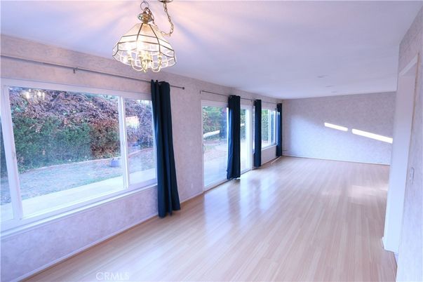 Chandelier, Empty room, Interior, Recessed Lighting, Wood Texture Flooring