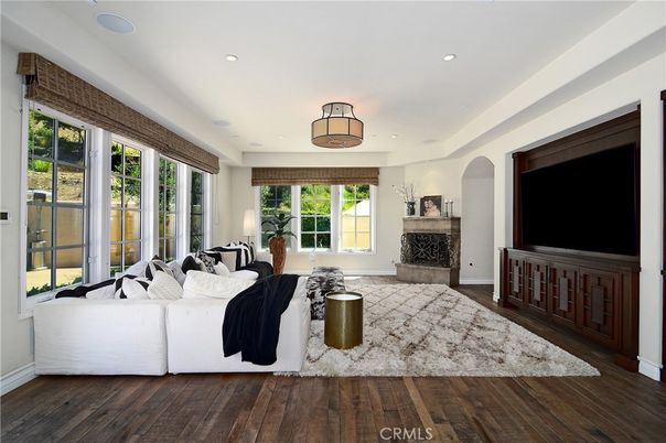 Fireplace, Interior, Living room, Recessed Lighting, Wood Texture Flooring