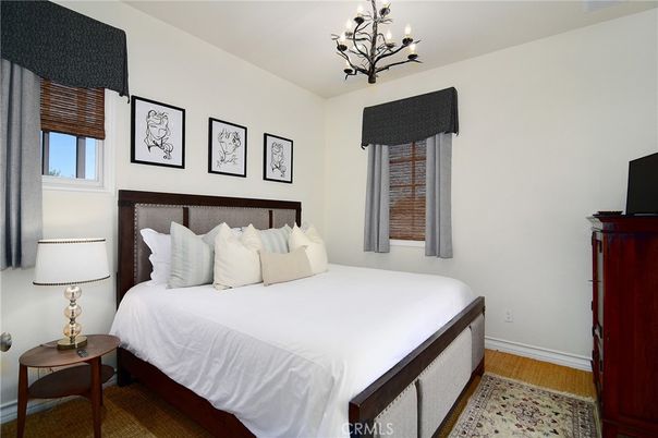 Bedroom, Chandelier, Interior, Wood Texture Flooring