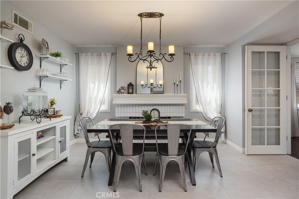 Chandelier, Dining room, Fireplace, Interior