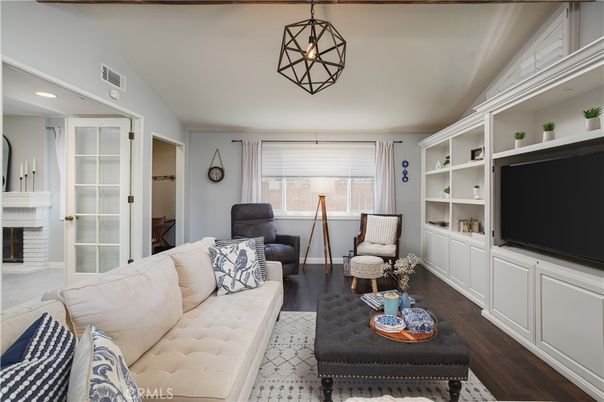 Chandelier, Fireplace, Interior, Living room, Recessed Lighting, Wood Texture Flooring