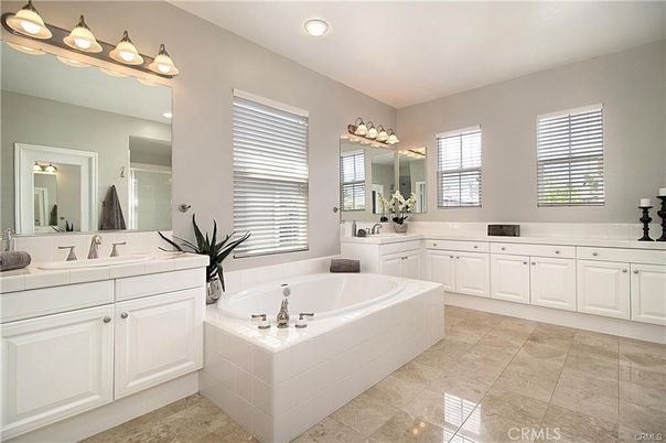 Bathroom, Dual Sink Vanities, Interior, Recessed Lighting, Tile Countertops
