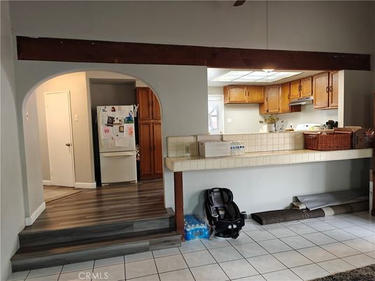 Interior, Kitchen, Tile Countertops, Wood Texture Flooring