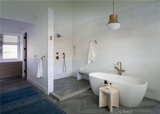 Bathroom, Free Standing Baths, Interior, Pendant Lights, Wood Texture Flooring