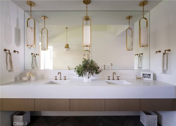 Bathroom, Dual Sink Vanities, Interior, Pendant Lights, Wood Texture Flooring