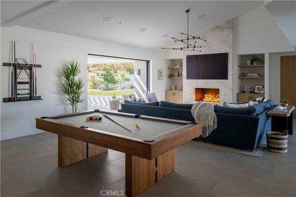 Billiard Table, Fireplace, Game Room, Interior, Living room, Pendant Lights, Recessed Lighting