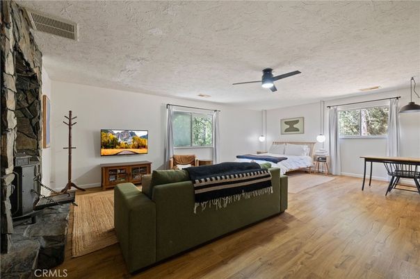 Bedroom, Fireplace, Interior, Wood Texture Flooring