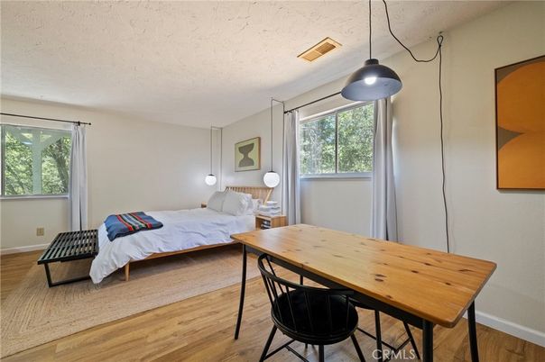 Bedroom, Dining room, Interior, Pendant Lights, Wood Texture Flooring