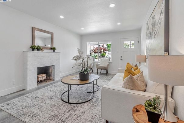 Fireplace, Interior, Living room, Recessed Lighting, Wood Texture Flooring