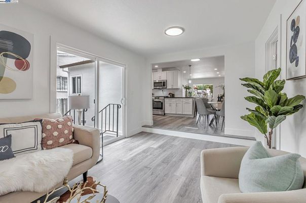 Dining room, Interior, Kitchen, Living room, Recessed Lighting, Stainless Steel Appliances, Wood Texture Flooring