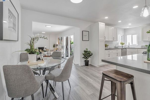 Dining room, Fireplace, Interior, Kitchen, Pendant Lights, Recessed Lighting, Wood Texture Flooring