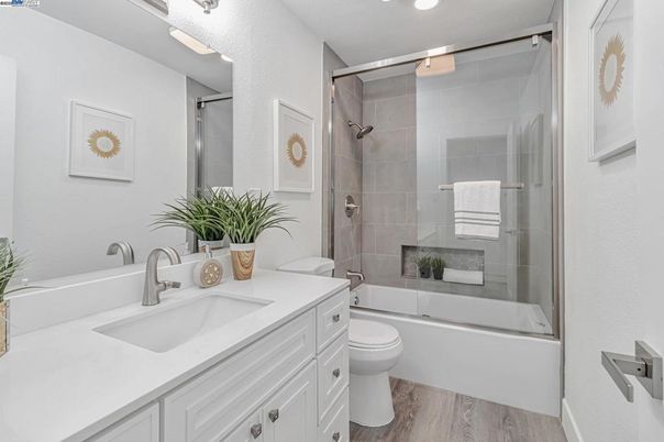 Bathroom, Glass Shower, Interior, Recessed Lighting, Wood Texture Flooring