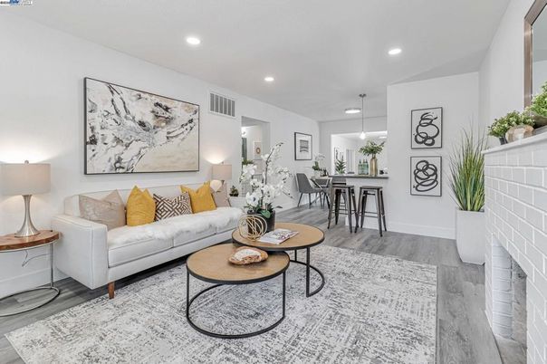 Dining room, Interior, Living room, Pendant Lights, Recessed Lighting, Wood Texture Flooring