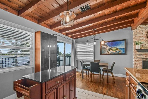 Dining room, Fireplace, Interior, Pendant Lights, Stone Walls, Wooden Beams, Wooden Ceilings, Wood Texture Flooring