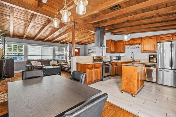 Dining room, Interior, Kitchen, Living room, Pendant Lights, Stainless Steel Appliances, Wooden Beams, Wooden Ceilings, Wood Texture Flooring