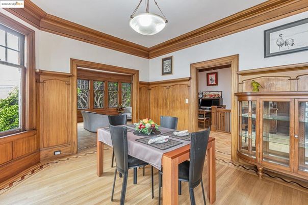 Dining room, Interior, Pendant Lights, Wood Texture Flooring