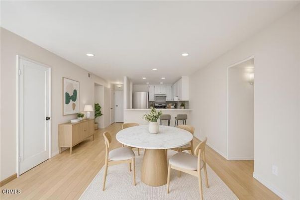 Dining room, Interior, Kitchen, Recessed Lighting, Stainless Steel Appliances, Wood Texture Flooring