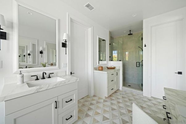 Bathroom, Dual Sink Vanities, Glass Shower, Interior, Recessed Lighting