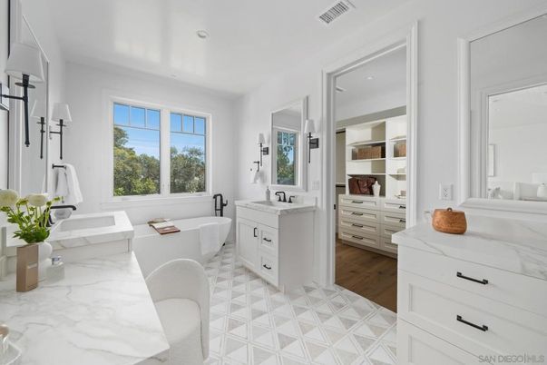Bathroom, Dual Sink Vanities, Free Standing Baths, Interior, Recessed Lighting, Wood Texture Flooring