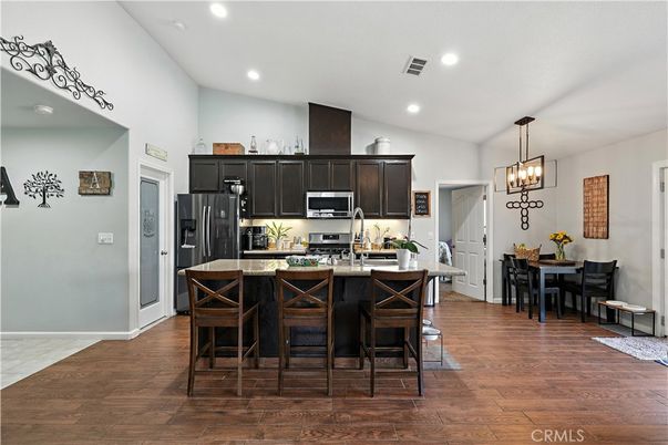 Dining room, Interior, Kitchen, Pendant Lights, Recessed Lighting, Wood Texture Flooring