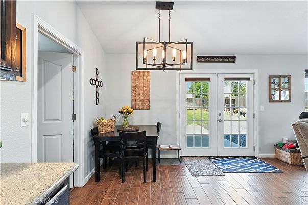 Chandelier, Dining room, Interior, Pendant Lights, Wood Texture Flooring