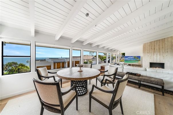 Dining room, Fireplace, Interior, Living room, Stone Walls, Water, Wood Texture Flooring