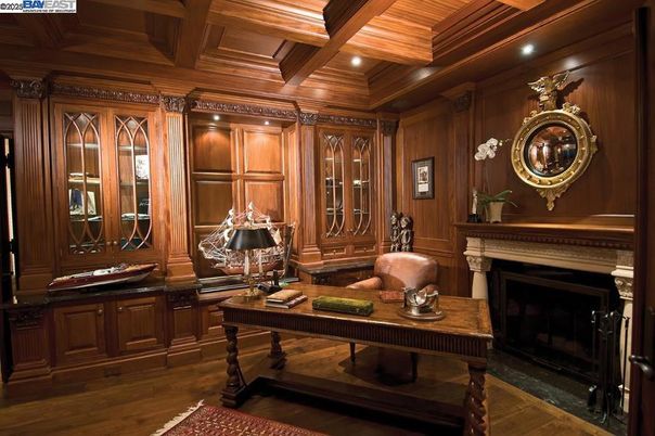 Fireplace, Home Office, Interior, Recessed Lighting, Wooden Beams, Wooden Ceilings, Wood Texture Flooring, Wooden Walls