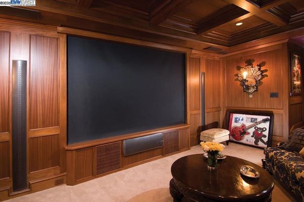 Interior, Projection Screen, Recessed Lighting, Theatre Room, Wooden Ceilings, Wooden Walls
