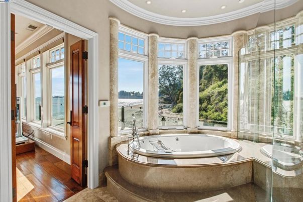 Bathroom, Glass Shower, Interior, Recessed Lighting, Water, Wood Texture Flooring