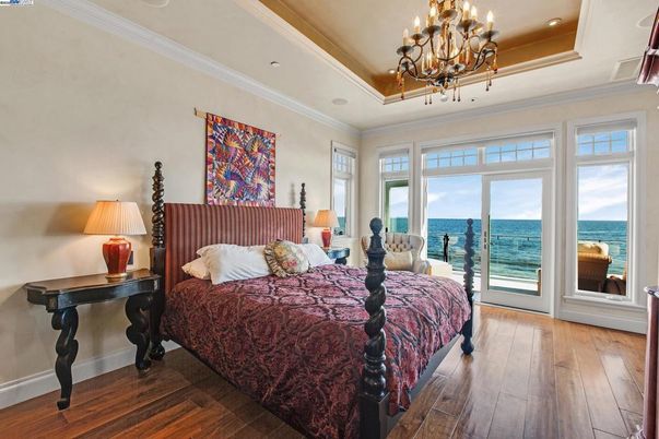 Bedroom, Chandelier, Interior, Recessed Lighting, Water, Wood Texture Flooring