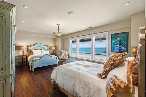 Bedroom, Chandelier, Interior, Recessed Lighting, Water, Wood Texture Flooring
