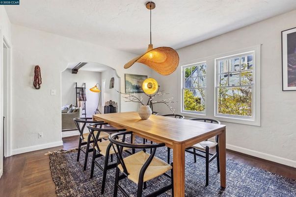 Dining room, Interior, Pendant Lights, Wood Texture Flooring