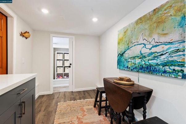 Dining room, Interior, Recessed Lighting, Wood Texture Flooring