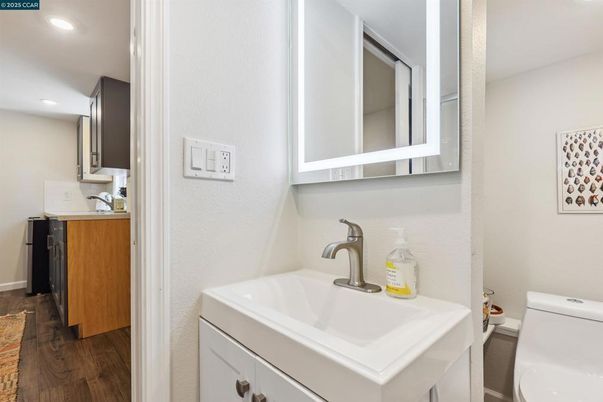 Bathroom, Interior, Recessed Lighting, Wood Texture Flooring