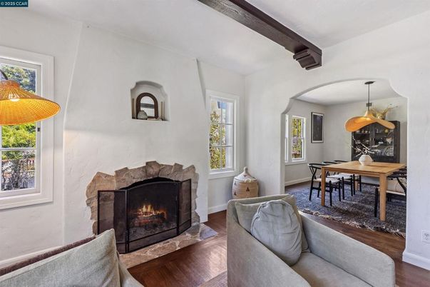Dining room, Fireplace, Interior, Pendant Lights, Wooden Beams, Wood Texture Flooring