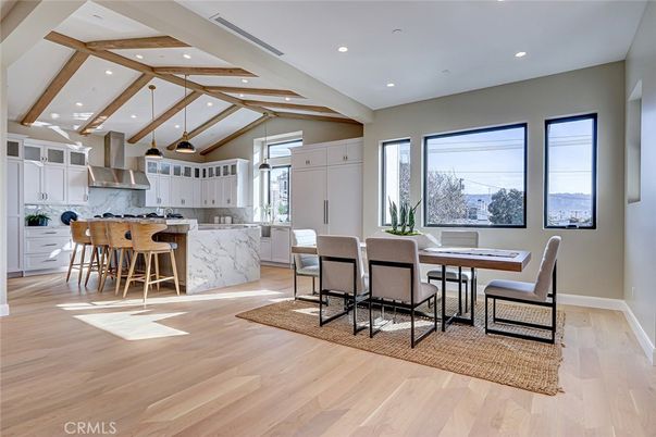 Dining room, Interior, Kitchen, Recessed Lighting, Stainless Steel Appliances, Wooden Beams, Wood Texture Flooring
