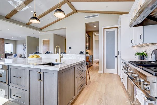 Interior, Kitchen, Pendant Lights, Recessed Lighting, Wooden Beams, Wood Texture Flooring