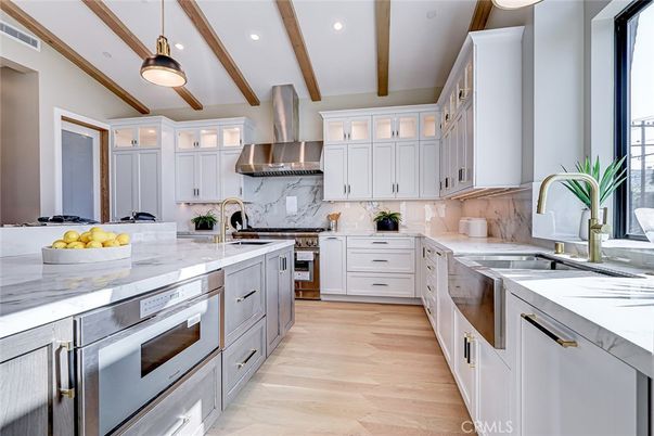 Interior, Kitchen, Pendant Lights, Recessed Lighting, Stainless Steel Appliances, Wooden Beams, Wood Texture Flooring