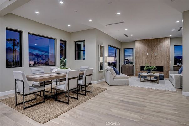 Dining room, Fireplace, Interior, Living room, Recessed Lighting, Wood Texture Flooring, Wooden Walls