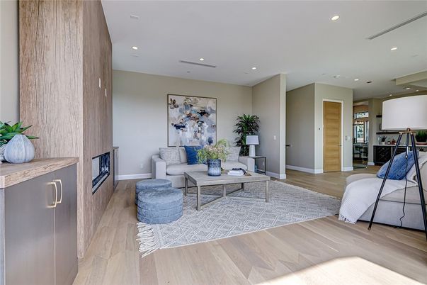 Fireplace, Interior, Living room, Recessed Lighting, Wood Texture Flooring