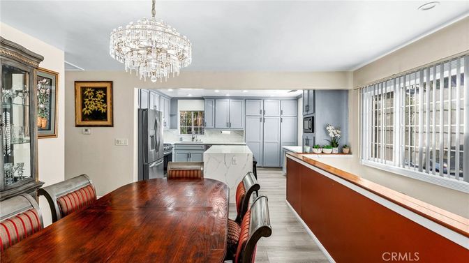 Chandelier, Dining room, Interior, Kitchen, Recessed Lighting, Wood Texture Flooring