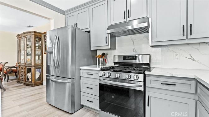 Interior, Kitchen, Marble Walls, Stainless Steel Appliances, Wood Texture Flooring