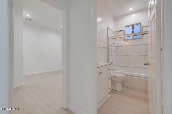 Bathroom, Glass Shower, Interior, Recessed Lighting, Wood Texture Flooring